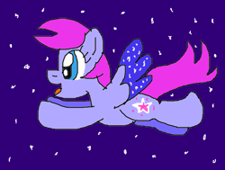Size: 752x568 | Tagged: safe, artist:birdieman45, imported from derpibooru, starsong, pegasus, pony, cute, deviantart muro, female, flying, g3, g3 to g4, g4, generation leap, mare, night, purple wings, sky, solo, stars, starsawwwng, starsong can fly, wings