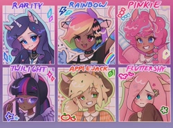 Size: 750x556 | Tagged: safe, artist:shineroii, imported from derpibooru, applejack, fluttershy, pinkie pie, rainbow dash, rarity, twilight sparkle, alicorn, human, bandaid, blushing, bow, choker, clothes, compilation, coontails, crystal, dark skin, ear piercing, eared humanization, earring, ears, female, frown, g4, glasses, group, hairpin, happy, horn, horned humanization, humanized, industrial piercing, jewelry, leaves, long sleeves, looking up, mane six, necklace, open mouth, piercing, shy, smiling, smirk, spiked choker, twilight sparkle (alicorn), winged humanization, wings