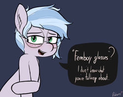 Size: 1589x1261 | Tagged: safe, artist:pinkberry, imported from derpibooru, oc, oc only, oc:winter azure, pony, bashful, blatant lies, colt, dialogue, femboy, foal, freckles, girly, glasses, male, round glasses, solo focus, speech, speech bubble, talking, text, trap