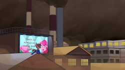 Size: 3840x2160 | Tagged: safe, artist:moonatik, imported from derpibooru, pinkie pie, oc, unnamed oc, pegasus, alternate timeline, billboard, brick, chimney, cigarette, clothes, flower, male, new lunar millennium, nightmare takeover timeline, pegasus oc, propaganda poster, rose, smoke, smoking, stallion, window