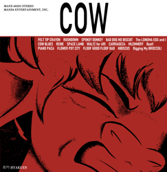 Size: 878x904 | Tagged: safe, artist:hyakuen, imported from derpibooru, cow, them's fightin' herds, album cover, arizona (tfh), community related, cowboy bebop, cringing, female, gritted teeth, monochrome, parody, text, wince