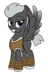 Size: 1762x2734 | Tagged: safe, artist:trash anon, imported from ponybooru, oc, oc only, pegasus, ear piercing, earring, jewelry, leather armor, looking at you, pegasus oc, piercing, smiling, smiling at you, wings