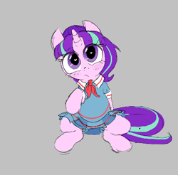 Size: 434x427 | Tagged: safe, artist:hattsy, starlight glimmer, pony, aggie.io, clothes, dress, female, filly, gray background, heart eyes, mare, simple background, sitting, wingding eyes
