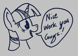 Size: 339x243 | Tagged: safe, twilight sparkle, pony, unicorn, aggie.io, dialogue, female, lowres, mare, monochrome, simple background, smiling, speech bubble, talking