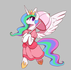 Size: 593x581 | Tagged: safe, artist:thebatfang, princess celestia, alicorn, pony, aggie.io, bipedal, clothes, dress, female, gray background, mare, princess peach, simple background, smiling, super mario bros., umbrella