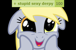 Size: 320x210 | Tagged: safe, edit, imported from derpibooru, derpy hooves, pegasus, pony, derpibooru, the crystal empire, 100, best pony, caption, derpimilestone, dilated pupils, faic, female, image macro, mare, meta, milestone, open mouth, smiling, solo, stupid sexy derpy, tags, text