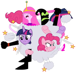 Size: 2004x1920 | Tagged: safe, artist:nathaniel718, imported from derpibooru, pinkie pie, twilight sparkle, alicorn, adventure time, cartoon network, crossover, dust cloud, female, fight, male, nergal, nergal and princess bubblegum, princess bubblegum, punch, the grim adventures of billy and mandy, twilight sparkle (alicorn)