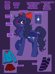 Size: 3456x4608 | Tagged: safe, artist:nightydream, imported from derpibooru, oc, oc:shadow twinkle, bat pony, pony, bow, hair bow, reference sheet, solo