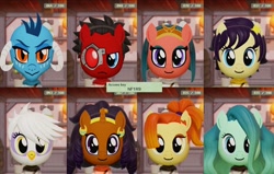 Size: 2260x1440 | Tagged: safe, imported from ponybooru, gilda, lighthoof, princess ember, saffron masala, shimmy shake, somnambula, star dancer, oc, oc:red eye, earth pony, griffon, unicorn, fallout equestria, face, female, mii, miitopia, nintendo