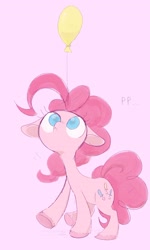 Size: 1986x3300 | Tagged: safe, artist:noupu, imported from derpibooru, pinkie pie, earth pony, pony, balloon, colored pupils, female, floppy ears, looking up, mare, pink background, simple background, solo