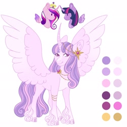 Size: 2048x2048 | Tagged: safe, artist:merviellee, imported from derpibooru, princess cadance, twilight sparkle, oc, alicorn, pony, cloven hooves, female, hoof fluff, infidelity, large wings, lesbian, magical lesbian spawn, offspring, parent:princess cadance, parent:twilight sparkle, parents:twidance, shipping, simple background, spread wings, twidance, twilight sparkle (alicorn), white background, wings