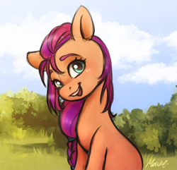 Size: 1761x1696 | Tagged: safe, artist:buttersprinkle, imported from derpibooru, sunny starscout, earth pony, pony, cute, female, g5, head tilt, looking at you, mare, my little pony: a new generation, smiling, solo, sunnybetes