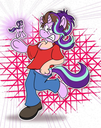 Size: 1015x1280 | Tagged: safe, artist:sketchy, imported from derpibooru, starlight glimmer, human, pony, unicorn, clothes, curse, doll, gritted teeth, human to pony, magic, male to female, rule 63, solo, toy, transformation, transgender transformation