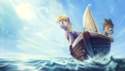 Size: 1536x864 | Tagged: safe, artist:etienne boilley, imported from derpibooru, derpy hooves, doctor whooves, time turner, earth pony, pegasus, pony, boat, female, male, mare, ocean, sailboat, smiling, stallion, sun, water, worried