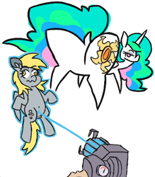 Size: 372x425 | Tagged: safe, artist:threetwotwo32232, imported from derpibooru, derpy hooves, princess celestia, alicorn, pegasus, belly button, butt, dock, duo, duo female, female, gmod, gravity gun, hooves, horn, mare, palindrome get, physgun, plot, simple background, tail, wavy mouth, white background