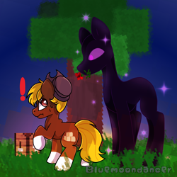 Size: 1640x1639 | Tagged: safe, artist:bluemoon, imported from derpibooru, oc, oc:acres, earth pony, enderman, enderpony, pony, commission, duo, exclamation point, mine little pony, minecraft, ponified, ych result