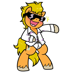 Size: 1000x1000 | Tagged: safe, artist:paperbagpony, imported from derpibooru, oc, oc only, oc:guten russ, earth pony, pony, bipedal, briefs, clothes, earth pony oc, shirt, simple background, solo, sunglasses, transparent background, underwear, unshorn fetlocks