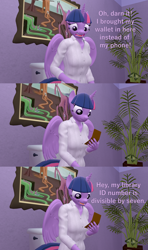 Size: 1920x3240 | Tagged: safe, artist:papadragon69, imported from derpibooru, twilight sparkle, alicorn, anthro, 3d, bathroom, but why, clothes, dialogue, implied pooping, long sleeved shirt, nerd, open mouth, open smile, painting, plant, potted plant, shirt, sitting, sitting on toilet, smiling, solo, source filmmaker, toilet, twilight sparkle (alicorn), wallet