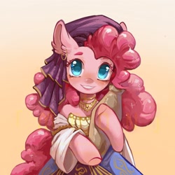 Size: 2048x2048 | Tagged: safe, artist:qamar, imported from derpibooru, pinkie pie, earth pony, semi-anthro, friendship is witchcraft, bare shoulders, clothes, colored pupils, cute, detached sleeves, diapinkes, dress, ear fluff, ear piercing, earring, female, gradient background, gypsy bard, gypsy pie, headscarf, jewelry, piercing, pottery, romani, scarf, smiling, solo