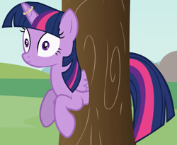 Size: 1316x1077 | Tagged: safe, artist:forgalorga, imported from derpibooru, twilight sparkle, alicorn, pony, cropped, female, horn, horn ring, i'd like to be a tree, mare, pony and magical artifact, ring, solo, stuck, surprised, tree, twilight sparkle (alicorn), wide eyes