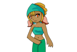 Size: 1200x812 | Tagged: safe, artist:phoebeartfulgirl992, imported from derpibooru, shanty (tfh), human, them's fightin' herds, animal ears, bandana, belly button, community related, female, frown, humanized, simple background, solo, transparent background, tube top