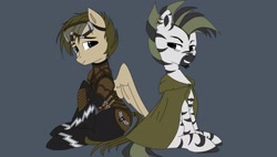 Size: 1908x1080 | Tagged: safe, artist:selvingo, imported from derpibooru, oc, oc only, oc:selvingo spells, oc:veldis, pegasus, pony, zebra, armor, blue eyes, cloak, clothes, colored, full body, glasses, green eyes, headcanon, leather armor, pegasus oc, silverbolt, simple background, uniform, zebra oc