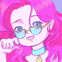 Size: 2048x2048 | Tagged: safe, artist:pika pie, imported from derpibooru, pinkie pie, equestria girls, :d, blushing, bust, collar, female, glasses, open mouth, open smile, smiling