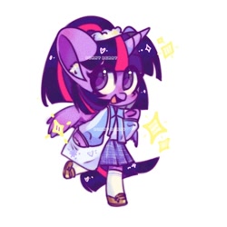 Size: 1000x1000 | Tagged: safe, artist:sunny berry, imported from derpibooru, twilight sparkle, semi-anthro, bag, chibi, clothes, cute, school uniform, shoes, simple background, solo, stars, white background