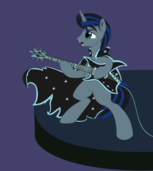 Size: 1152x1294 | Tagged: safe, artist:selvingo, imported from derpibooru, oc, oc only, oc:shadorn shtein, pony, unicorn, bipedal, cloak, clothes, colored, electric guitar, full body, guitar, horn, musical instrument, open mouth, rock (music), rock style, rocker, simple background, solo