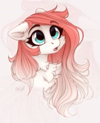 Size: 1540x1910 | Tagged: safe, artist:vird-gi, imported from derpibooru, oc, oc only, oc:making amends, pegasus, pony, :o, blue eyes, bust, cheek fluff, chest fluff, chin fluff, cute, ear fluff, eyebrows, eyebrows visible through hair, limited color, one ear down, open mouth, pegasus oc, red mane, solo, white background, white coat, zoom layer