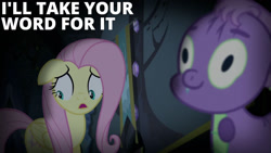 Size: 1280x720 | Tagged: safe, edit, edited screencap, editor:quoterific, imported from derpibooru, screencap, fluttershy, spike, dragon, pegasus, pony, scare master, season 5, duo, female, floppy ears, male, mare, open mouth, text, twilight's castle