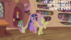 Size: 1280x720 | Tagged: safe, edit, edited screencap, editor:quoterific, imported from derpibooru, screencap, fluttershy, spike, twilight sparkle, alicorn, dragon, pegasus, pony, season 4, three's a crowd, ^^, bipedal, book, cute, eyes closed, female, golden oaks library, hoofy-kicks, male, mare, open mouth, open smile, rearing, shyabetes, smiling, spread wings, text, trio, twilight sparkle (alicorn), wings