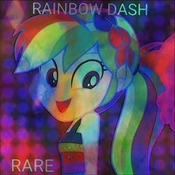 Size: 720x720 | Tagged: safe, artist:andrabutnariu, edit, edited screencap, imported from derpibooru, screencap, rainbow dash, equestria girls, equestria girls series, i'm on a yacht, spoiler:eqg series (season 2), album cover, neon eg logo, rare(selena gomez), selena gomez, smiling