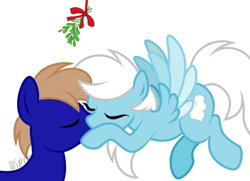 Size: 479x346 | Tagged: safe, artist:feather_bloom, imported from derpibooru, oc, oc only, oc:blue_skies, oc:feather_bloom, earth pony, pegasus, pony, couple, duo, earth pony oc, kissing, mistletoe, oc x oc, pegasus oc, shipping, simple background, white background