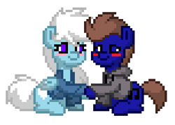 Size: 304x217 | Tagged: safe, artist:feather_bloom, imported from derpibooru, oc, oc only, oc:blue_skies, oc:feather_bloom, earth pony, pegasus, pony, pony town, blushing, couple, duo, earth pony oc, female, holding hooves, looking at each other, looking at someone, male, oc x oc, pegasus oc, pixel art, shipping, simple background, straight, white background