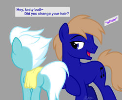 Size: 3000x2468 | Tagged: safe, artist:feather_bloom, imported from derpibooru, fleetfoot, oc, oc:blue_skies, earth pony, pegasus, pony, butt, dialogue, duo, earth pony oc, fleetbutt, flirting, funny, gray background, plot, shipping, show accurate, simple background