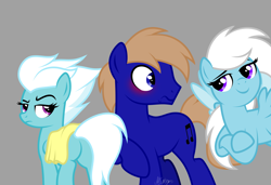 Size: 3600x2468 | Tagged: safe, artist:feather_bloom, imported from derpibooru, fleetfoot, oc, oc:blue_skies, oc:feather_bloom, earth pony, pegasus, pony, blushing, butt, couple, crossed hooves, earth pony oc, embarrassed, fleetbutt, flying, funny, gray background, pegasus oc, plot, show accurate, simple background, trio