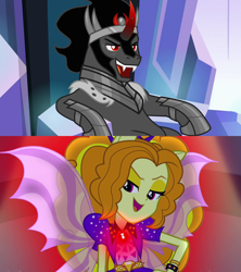 Size: 1280x1440 | Tagged: safe, edit, edited screencap, imported from derpibooru, screencap, adagio dazzle, king sombra, pony, equestria girls, rainbow rocks, the beginning of the end, crack shipping, disguise, disguised siren, female, gem, long live the king, male, shipping, shipping domino, siren gem, sirenified, sitting, sombradagio, species swap, straight, throne