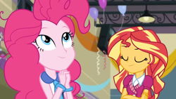 Size: 3410x1920 | Tagged: safe, imported from derpibooru, screencap, pinkie pie, sunset shimmer, equestria girls, friendship games, balloon, duo, duo female, duo focus, eyes closed, female, high res, smiling, speaker