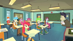 Size: 3410x1920 | Tagged: safe, imported from derpibooru, screencap, apple bloom, cranky doodle donkey, heath burns, scootaloo, snails, snips, sweetie belle, velvet sky, equestria girls, friendship games, apple bloom's bow, boots, bow, chalkboard, cutie mark crusaders, female, hair bow, high res, male, shoes