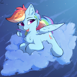 Size: 1324x1324 | Tagged: safe, artist:glazirka, imported from derpibooru, rainbow dash, pegasus, pony, :p, chest fluff, cloud, cute, dashabetes, ear fluff, female, fluffy, leg fluff, lying down, lying on a cloud, mare, on a cloud, open mouth, partially open wings, prone, sky, smiling, solo, tongue out, wing fluff, wings