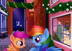 Size: 1920x1372 | Tagged: safe, artist:leonkay, imported from derpibooru, rainbow dash, rarity, scootaloo, oc, christmas, christmas tree, christmas wreath, cobblestone street, glasses, holiday, night, present, stars, street, tongue out, torch, tree, window, wreath