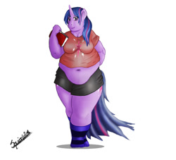 Size: 1000x909 | Tagged: safe, artist:rexyer1, imported from derpibooru, twilight sparkle, anthro, unguligrade anthro, unicorn, bare midriff, bbw, belly, belly button, big belly, book, chubby, chubby twilight, clothes, fat, simple background, skirt, thighs, thunder thighs, tight clothing, twilard sparkle, unicorn twilight, wide hips