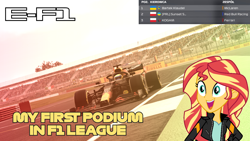 Size: 1920x1080 | Tagged: safe, imported from derpibooru, sunset shimmer, human, equestria girls, car, energy drink, excited, f1 2020, f1 car, f1 game, female, formula 1, game, motorcross, motorsport, racecar, red bull, solo