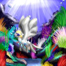 Size: 2449x2449 | Tagged: safe, artist:dewa-chan, imported from derpibooru, oc, oc only, alicorn, pony, bubble, coral, crepuscular rays, deviantart watermark, horn, looking up, obtrusive watermark, ocean, ponified, seaweed, solo, spread wings, sunlight, swimming, underwater, water, watermark, wings