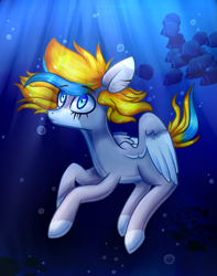 Size: 1489x1893 | Tagged: safe, artist:darkpinkmonster, imported from derpibooru, oc, oc only, fish, pegasus, pony, blue background, blue eyes, bubble, crepuscular rays, feather, flowing mane, folded wings, ocean, simple background, solo, sunlight, underwater, water, wings