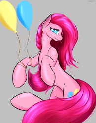 Size: 1280x1640 | Tagged: safe, artist:renarde-louve, imported from derpibooru, pinkie pie, earth pony, pony, balloon, gray background, pinkamena diane pie, simple background, smiling, solo