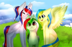 Size: 720x472 | Tagged: source needed, useless source url, safe, artist:sonya silla, imported from derpibooru, oc, oc:belarus, oc:marussia, oc:ukraine, alicorn, pegasus, pony, unicorn, belarus, nation ponies, ponified, russia, trio, ukraine