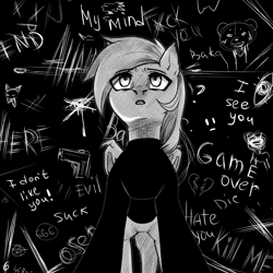 Size: 1500x1500 | Tagged: safe, artist:nika-rain, imported from derpibooru, oc, oc only, bat pony, pony, 666, baka, bat pony oc, black and white, clothes, commission, eye, game over, grayscale, gun, handgun, heartbreak, manga style, monochrome, pentagram, pistol, plushie, shirt, simple background, solo, teddy bear, text, vulgar