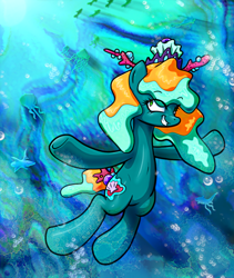 Size: 880x1044 | Tagged: safe, artist:ioncorupterx, imported from derpibooru, oc, oc only, earth pony, fish, octopus, pony, bubble, coral, crepuscular rays, female, mare, ocean, smiling, solo, sunlight, swimming, teeth, underwater, water